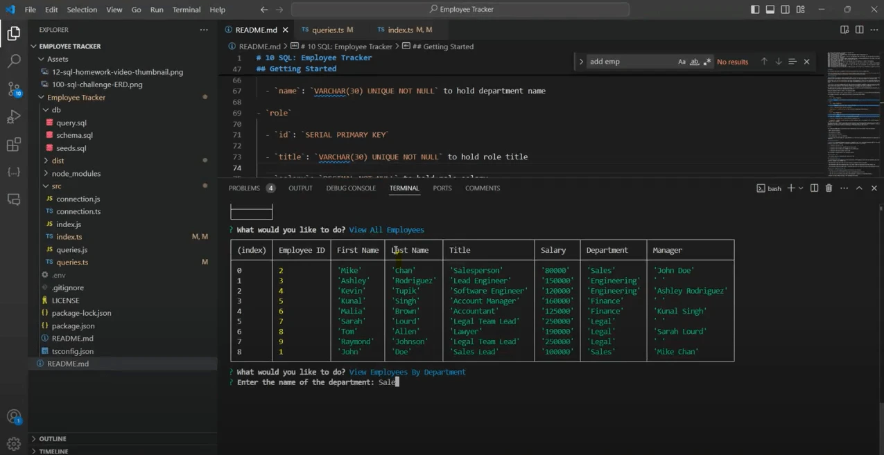 Screenshot of Employee Tracker project